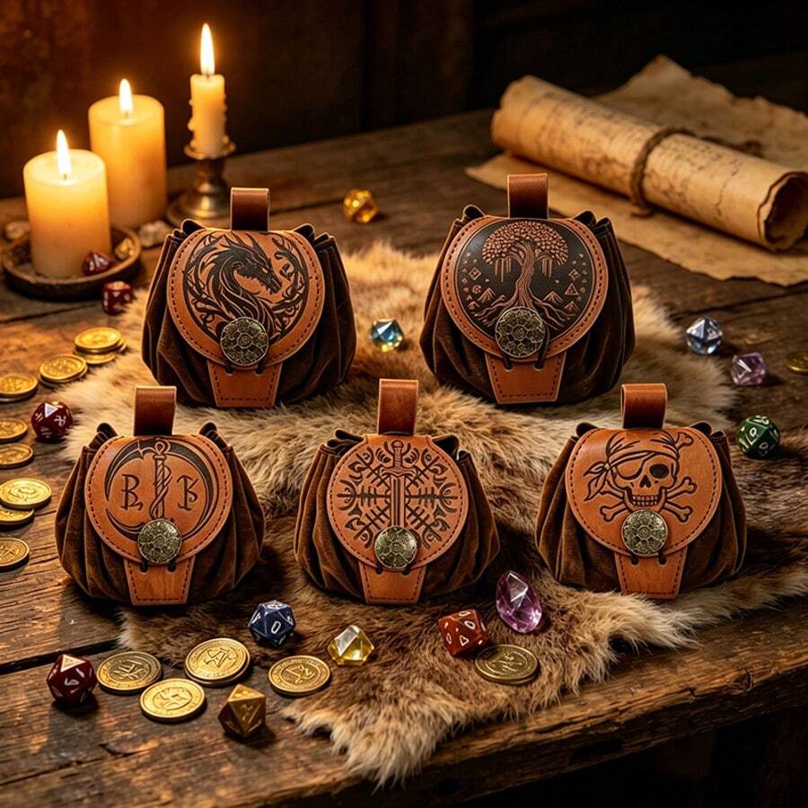 1pc Medieval Dragon-Embossed Waist Pouch | Viking Vegvisir Drawstring Pouch For Storing Dice, Coins, And Accessories | Fantasy Renaissance Waist Pouch - A - View 1