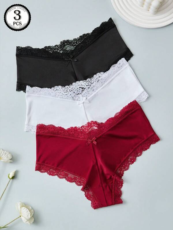 3pcs/Pack Women's Lace Panties, Lace Patchwork Design, Black Underwear, Elegant & Sexy, Casual & Comfortable