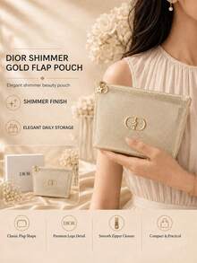 Bolsa de maquillaje tejida metálica dorada Dior 14*20cm, tela perlada, cremallera con estrella & luna, almacenamiento de maquillaje, textura de lujo, adecuada para uso personal y regalos - Dorado - Ver 3