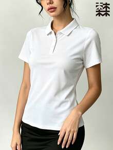 mulinsen 女款純色 Polo 領短袖襯衫，休閒運動日常夏季長袖上衣 - 月光白 - 查看 8