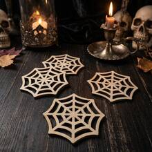 Halloween Spider Web Wooden Coaster Hollow Cutout Coaster Gothic Horror Tabletop Decor Heat-Resistant Drink Coaster Suitable For Halloween Party Haunted House Farmhouse Home Bar Tabletop Decoration - Multicolor - View 2