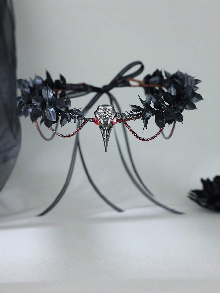 1 Stück gotische schwarze Blattkrone mit Krähenschädel und rotem Strass-Anhänger-Kette, Vampir-Stirnband, geeignet für dunklen Cosplay-Look - Schwarz - Übersicht 1