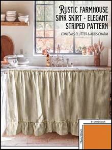 1/2pcs Green Striped Farmhouse Style Ruffle Trim Cabinet Curtains, Brown Striped Pleated Short Curtains For Bathroom, Kitchen Sink, Home, Classroom, Farmhouse, Country, Under Table Privacy, Laundry Room - Green - View 12
