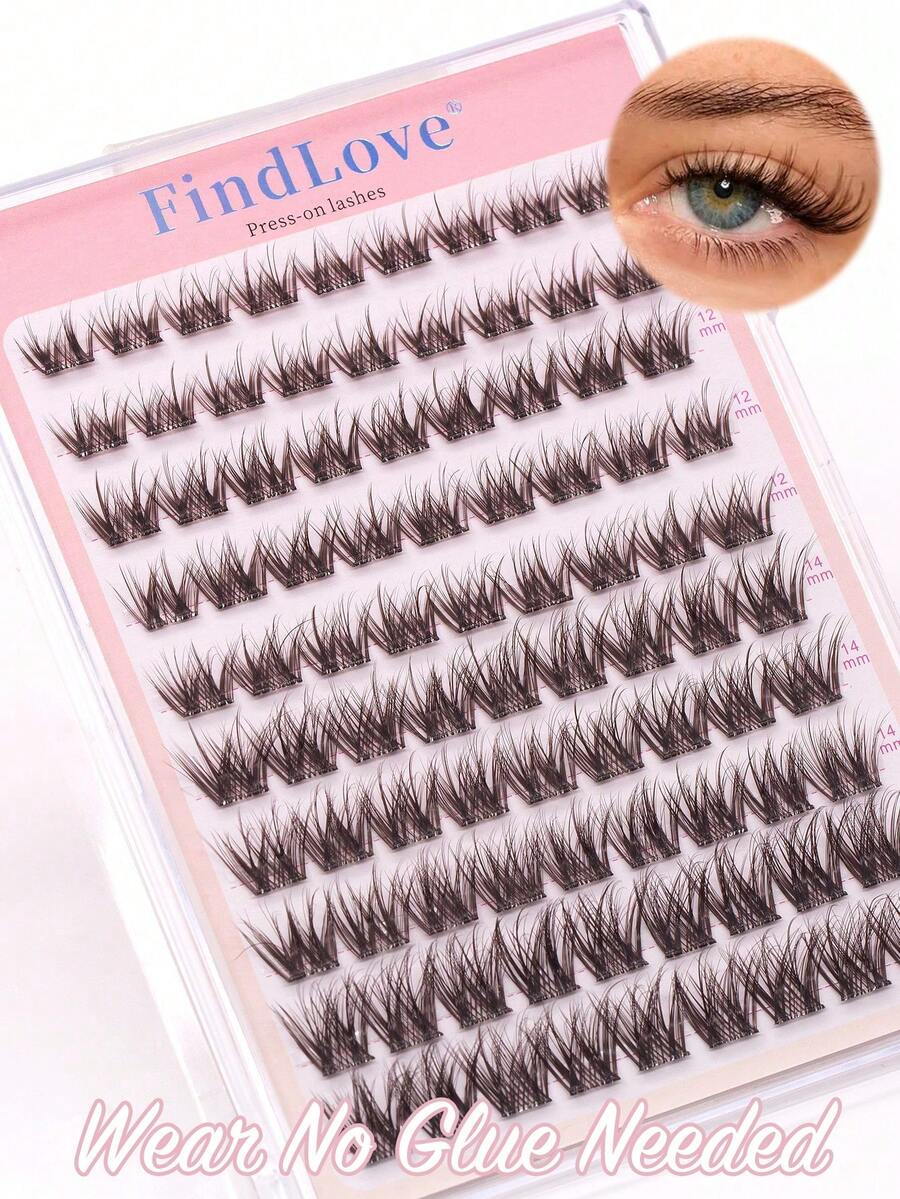 FindLove 90Clusters Brown Lashes With Adhesive DIY Pre Glued Lash Extensions D Curl 10-16mm Press-On Eyelash Crossed Wispy Lash Reusable Individual Eyelashes Natural Soft Lightweight Mix Style Lash Clusters For Self Use At Home Or Travel Makeup Tools - D - View 1