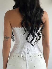 ZGQNBelle Women White Vintage Jacquard Corset Top Renaissance Floral Bustier Front Busk Lace Up Back Ruffle Trim Shaper - White - View 3