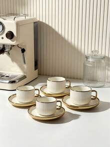 6pcs/1set Luxury Gold Rim 90ML/3.OZ Ceramic Tea Set, Includes Coffee Cup And Saucer, (Iron Rack Not Included)/Espresso, Dishwasher . Perfect For Home Kitchen, Tabletop Decor, Afternoon Tea, Coffee Drinking, Personalized Gift, Kitchen Accessories, Ramadan, Party, Birthday, Wedding And Dinner. Valentine's Day Gift For Him, Valentine's Day Gift (Iron Rack Not Included) - Multicolor - View 3
