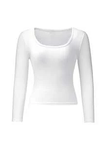Women's U-Neck White Long Sleeve T-Shirt, Spring/Autumn Fashion Solid Color Casual Versatile Slim Fit Top - White - View 4