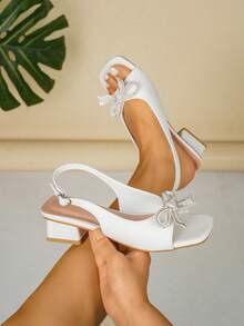 Sandalias de tacón grueso con punta abierta para mujer, con lazo y correa de tobillo, zapatos casuales y de fiesta - Blanco - Ver 2