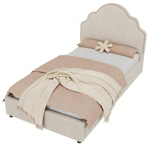 Upholstered Bed, Single Bed, Children's Bed 90 X 200 Cm, Bed With Upholstered Headboard, Linen, Beige - Beige - View 1