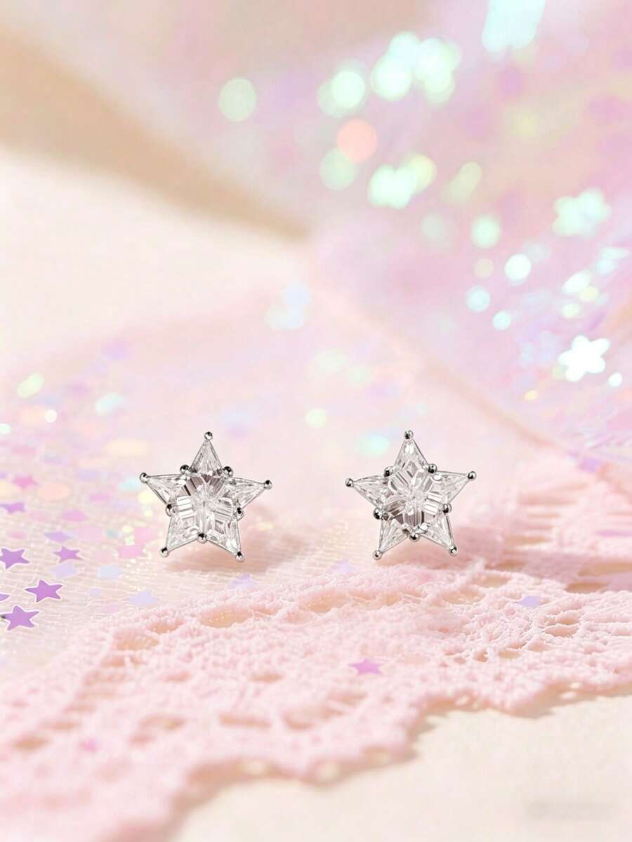 1 Par de Brincos de Botão em Prata de Lei S925 Estilo Coreano Ins Pequenos e Fofos com Estrela de Cinco Pontas, Acessório Versátil Casual Diário para Estudantes, Estilo Académico Minimalista, Doce, Fresco, Personalizado e Divertido, Presente Requintado - Estrela - Ver 1