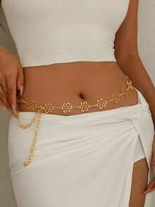 1pc Minimalist Geometric Hollow Flower Metal Chain Gold Body Chain, Women's Girls Fashion Versatile Elegant Waist Chain, Beach Holiday Party Music Festival Wedding Season Valentine's Day Back To School Gift - Gold - View 1