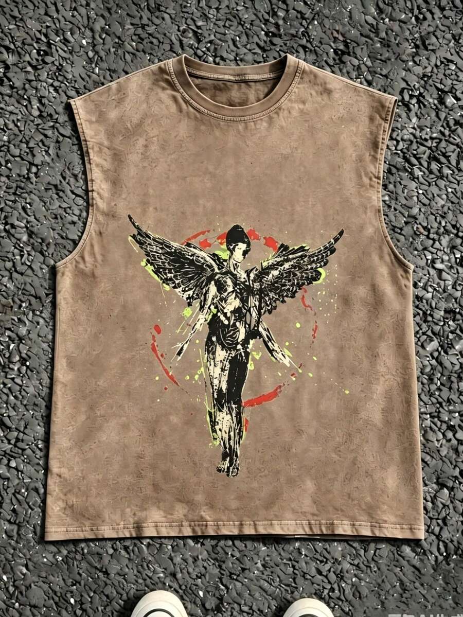 MensCasualCrewNeckSleevelessWashedVestMadeOf100%CottonPerfectForSummerVacationsFeaturesAStylishPrintAndY2KStreetStyleAnExcellentGiftForBoyfriendsAndHu - Brown - View 1