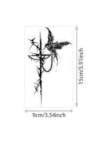 1 pièce Tatouage temporaire vertical fin à chaîne d'épines gothique vintage à l'herbe avec corbeau, faux tatouage pour cadeaux d'enterrement de vie de jeune fille, festivals de musique, jeux & cadeaux de remise des diplômes, dure 7-14 jours - Noir - Voir 2