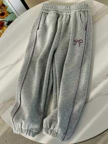 8-12 Years Old Girls Grey Cuffed Sweatpants With Side Contrast Stitching Bow Embroidery Loose Casual Versatile Long Pants - Grey - View 7