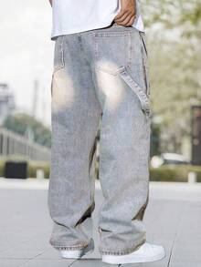 Men's Fashion Distressed Patch Embroidered Wide Leg Jeans - Champagne - View 2
