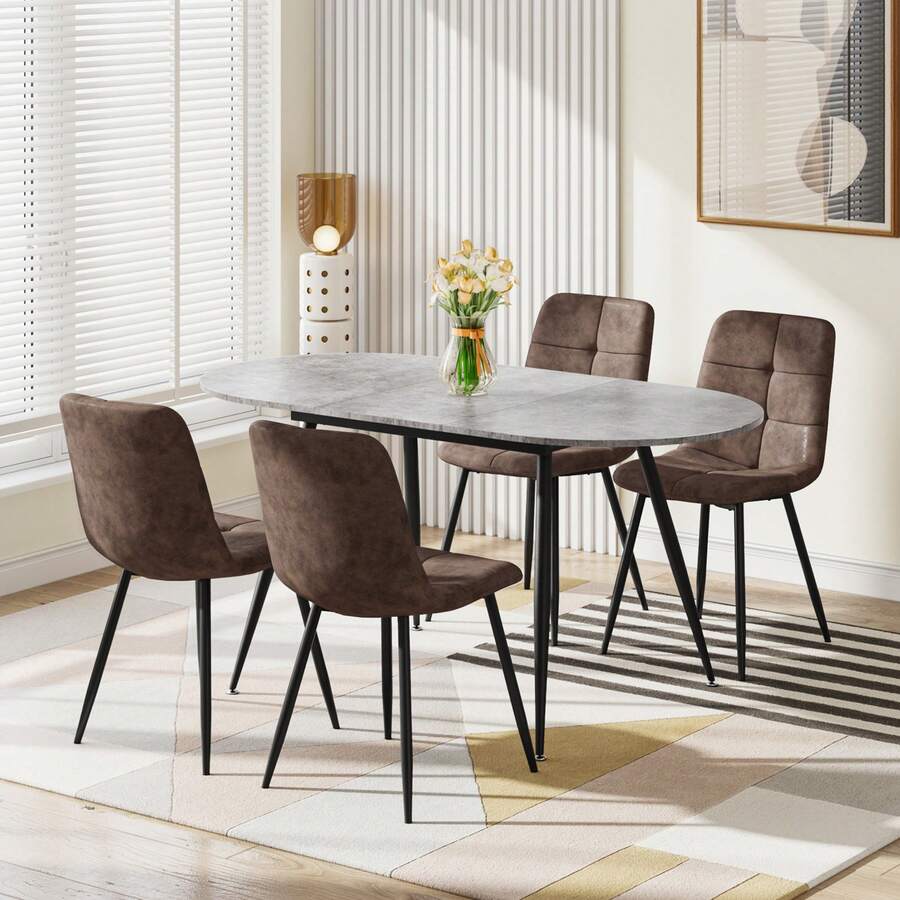 Extendable Dining Table And Chairs Set Of 4, Oval Mable Effect Table With Upholstered Chairs For Dining Room
