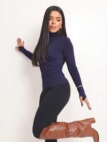 Basic Polyamide Blouse, Long Sleeves With Thumb Loops, High Neck. Second Skin, Plus Size/Slim. - 藏蓝色 - 查看 10