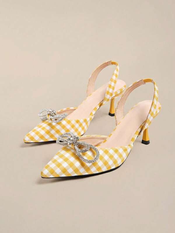 Rhinestone Bow Pointed Toe Stiletto High Heel Sandals For Women, Plaid Backless Sexy Date Commute Party