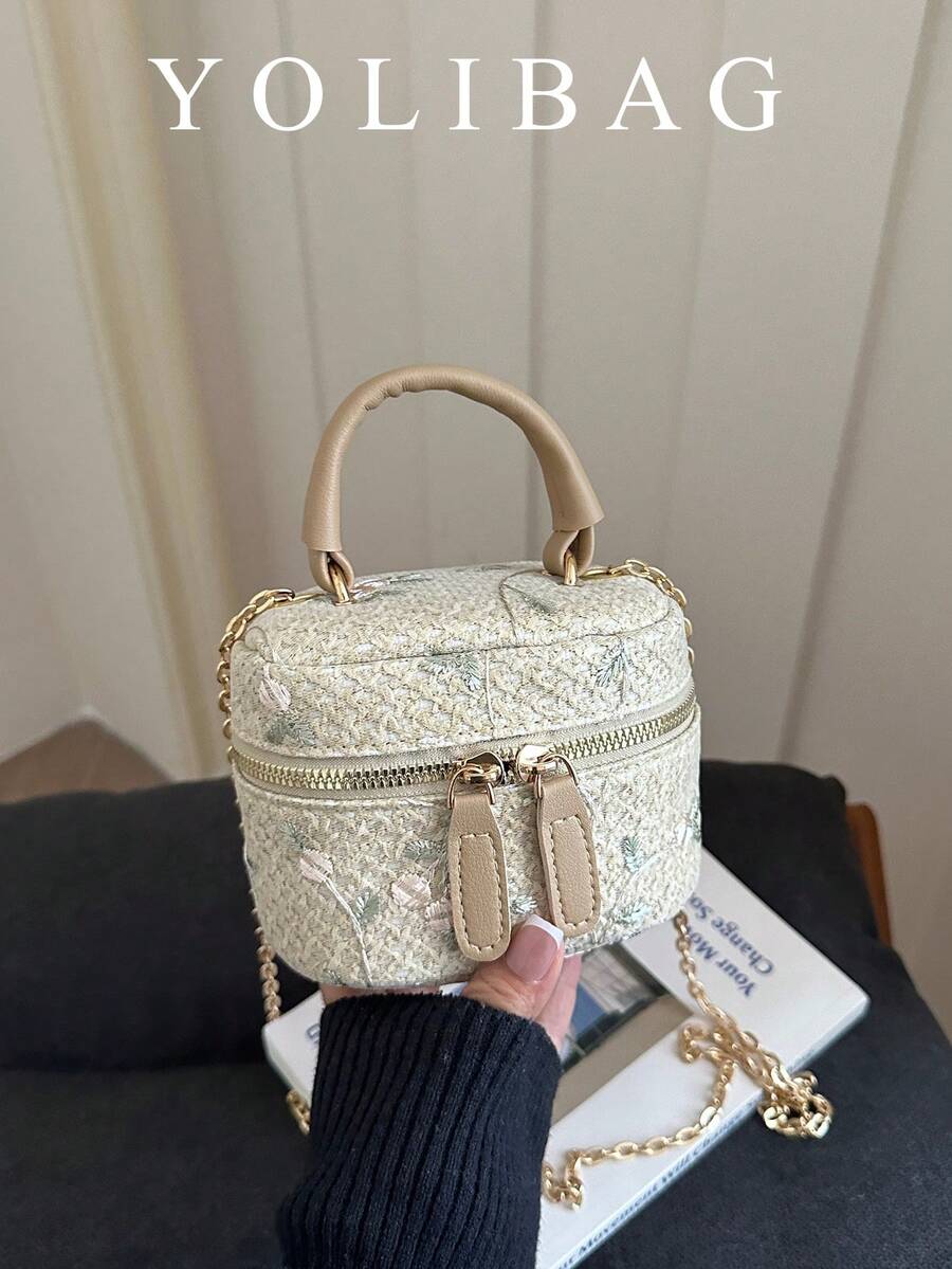 Tas Tangan Silinder Anyaman Bunga Lembut Gaya Prancis, Tas Mini Selempang Rantai untuk Acara Malam, Kotak Kosmetik