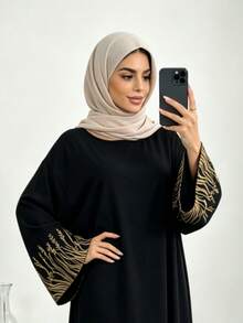 1pc Solid Color Elegant Embroidered Wheat Ear Traditional Muslim Dress, Suitable For Friends Gathering, Family Dinner, Versatile - Multicolor - View 4