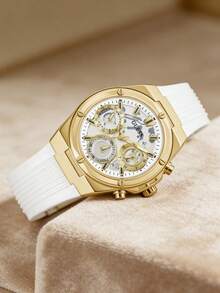 Guess Women's Gold-Tone Quartz Watch With White Silicone Strap, Perfect Gift For Valentine's Day GW0409L2 - White - View 4