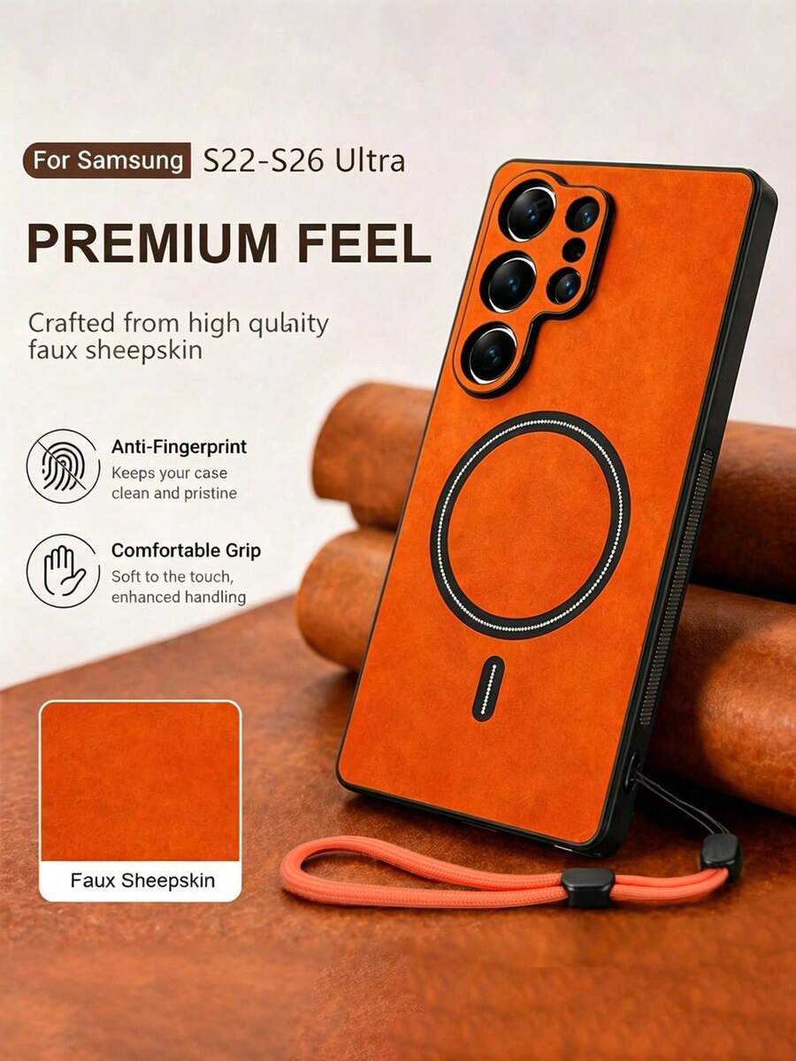 奢華啞光仿羊皮皮革磁吸無線充電手機殼，適用於 Galaxy S26 Ultra S24 S25 Ultra S23 Ultra S22 Ultra，親膚觸感，相機保護，防震裝甲商務保護殼，附掛繩