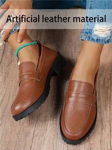 Sepatu Loafer Wanita Cokelat Serbaguna, Sepatu Flat Slip-On Ujung Bulat Kulit PU Lembut Musim Semi/Gugur Terbaru, Ukuran Besar, Sepatu Kasual Gaya Inggris untuk Kerja/Perjalanan - Coklat - View 3