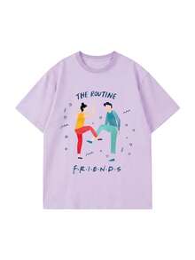 SHEIN X FRIENDS Lilac Double-Sided Cartoon Dance Graphic Oversized Casual Short Sleeve T-Shirt For Women Summer - Mauve Purple - View 4