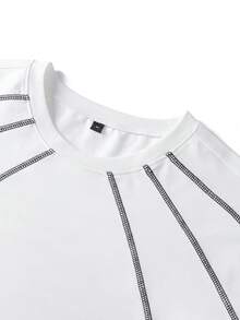 女款白色寬鬆版型 T-shirt，對比縫線，短袖圓領針織上衣，休閒街頭風 - 白色 - 查看 6