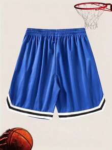 Men's American Style Patchwork Basketball Shorts, Summer Mesh Quick-Dry Loose Drawstring Sports 4-Inch Shorts - Blue - View 3