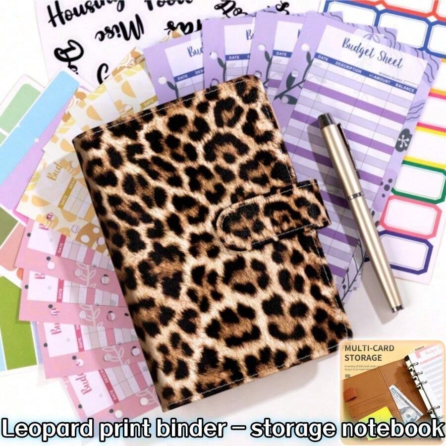 1pc A6 Planner Notebook With Zipper Pocket, Creative Leopard Print Loose-Leaf Binder, Budget Tracker, Cash Budget Organizer, 3D Planner, Magnetic Closure, For Cash Budgeting And Photo Storage, School And Office Supplies, Travel Accessories, Gift For Family And Friends, Leopard Print, Travel Essential, University Essential, Stickers, Pens, Education, Colors, School Supplies, Pen Holder, Pencil Case