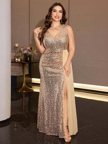 XUIBOL Plus-Size Sequined Vest Dress With A Train, Satin Flared Skirt, Elegant And Luxurious Evening Gown Formal Parties And Other Occasions. - Champagne - View 6