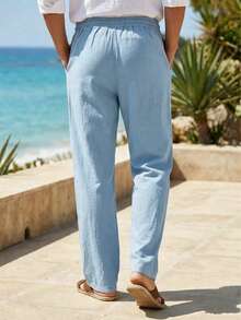 Men's Loose Straight Leg Linen Beach Pants, American Style Summer Hawaiian Casual Sporty Solid Color Versatile Long Trousers - Baby Blue - View 4