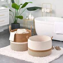 (13.In * 13.8in)Household Blanket Basket, Laundry Basket, Cotton Rope Blanket Basket For Living Room/Laundry Room/Daycare, Pillows, And Baby Toy Box (White/Brown) - Multicolor - View 14