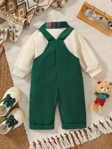 2pcs/Set Baby Boy Long Sleeve Plaid Collar Vintage Style Overalls Set, Spring/Autumn Children's Clothing - Multicolor - View 3