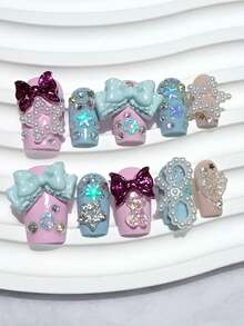 10pcs Pink & Blue Y2K Sweet Girl Style Press-On Nails With Glitter, Bow, Pearl, Star And Rhinestone Decor, Short Reusable Fake Nails For Girls, Nail Art Supplies (1 Jelly Sticker + 1 Nail File) - Multicolor - View 1