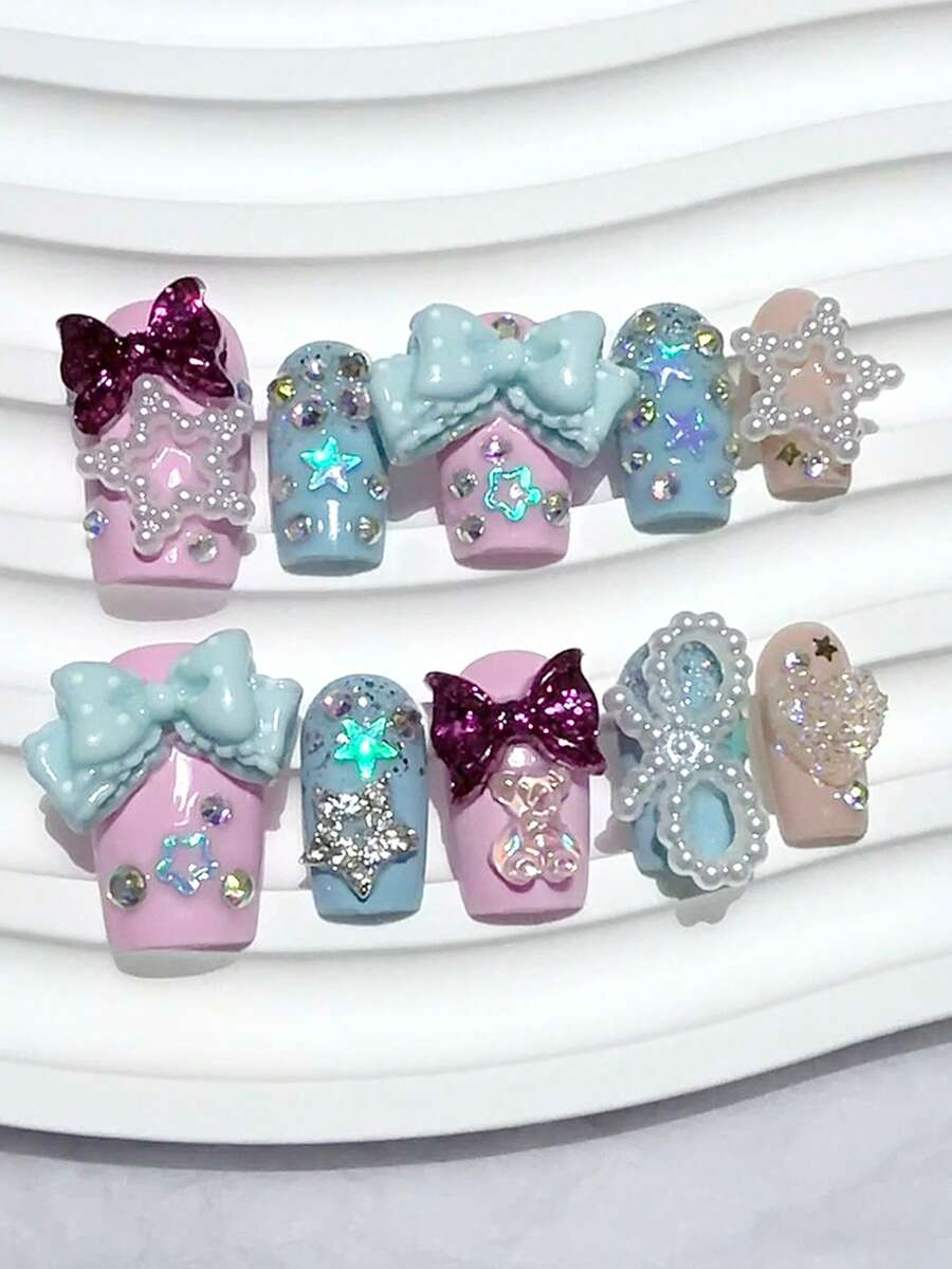 10pcs Pink & Blue Y2K Sweet Girl Style Press-On Nails With Glitter, Bow, Pearl, Star And Rhinestone Decor, Short Reusable Fake Nails For Girls, Nail Art Supplies (1 Jelly Sticker + 1 Nail File) - Multicolor - View 1