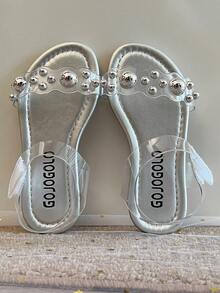 1 Pair 2026 Kids White Crochet Ankle Strap Flat Sandals, Suitable For Summer Vacation Party - Clear - View 8