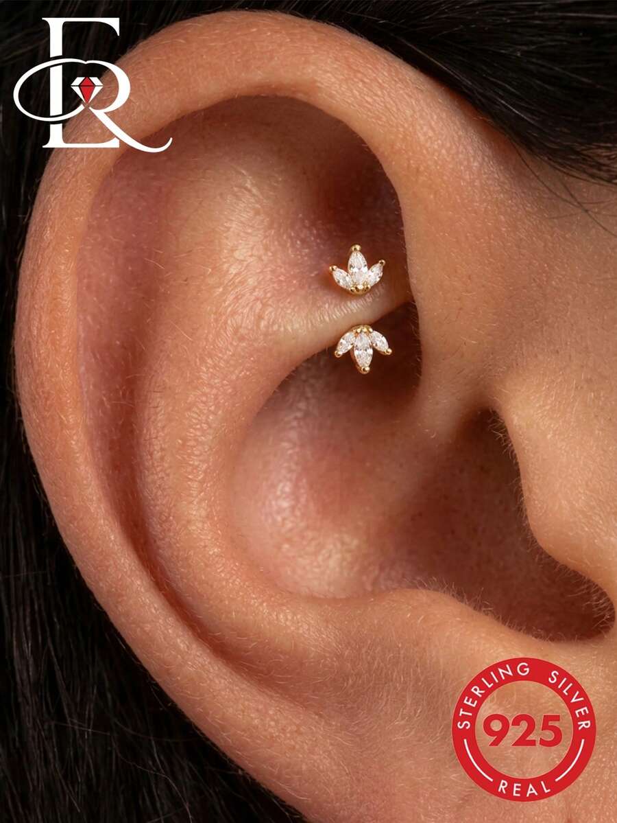 EleRunis 1PC 925 Sterling Silver Dainty Flower Rook Earlobe Double Half Huggie Cartilage Helix Piercing Fine Jewelry For Daily Wear Wedding Party Valentine's - Gold - View 1