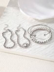 4pcs Luxury Fashion Minimalist Personalized Fresh Multi-Layer Stackable Square Rhinestone Chain Bracelet Set For Women, Cross-Border Seasonal Hot-Selling High- Elegant Bracelet Set Suitable For Daily Wear - Silver - View 4
