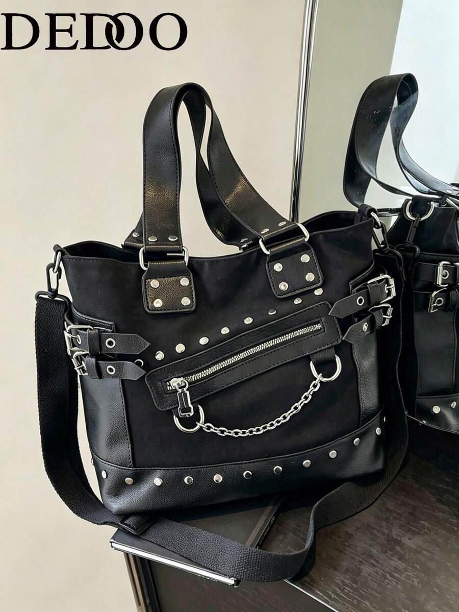 Dedoo 2024 Summer New Rivet Large Capacity Handbag, Women's Fashion Crossbody Bag, Personalized Shoulder Bag - Black - View 1