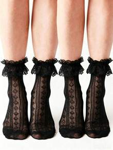 1 par de calcetines de tobillo de unicolor para mujer, con volantes románticos de encaje y patrón de corazón, diseño de malla hueca, adecuado para la escuela, fiestas y uso diario - Multicolor - Ver 5