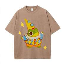 Summer Tops 100% Cotton, Funny Clown Frog Print T-Shirt, Suitable For Daily Wear, A Must-Have For The Beach, Cute Cartoon Pattern, Unisex, Perfect Gif - DG015-棕色草原 - 查看 1