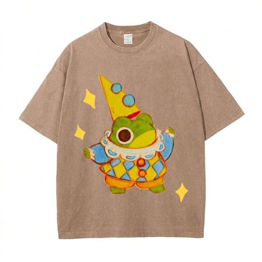 Summer Tops 100% Cotton, Funny Clown Frog Print T-Shirt, Suitable For Daily Wear, A Must-Have For The Beach, Cute Cartoon Pattern, Unisex, Perfect Gif - DG015-棕色草原 - 查看 1