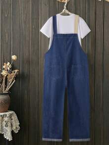 Girls' Denim Overalls, Personalized Fashion Casual Colorblock Patchwork Design, Street Utility Style, Multi-Pocket Loose Jumpsuit Long Pants, Suitable For Spring, Summer, Autumn, Winter, Back To School, Daily Casual Wear - Apricot - View 2
