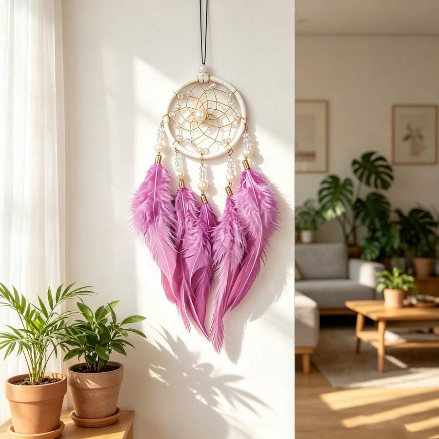 1pc Bohemian Style Pearl Beaded Round Dream Catcher Hanging Decor, Multi-Scene Decoration, Suitable For Car Rearview Mirror, Bedroom, Window, Balcony, Yard, Indoor Home Daily Decoration Gift