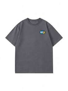 SHEIN | Garfield Women's Dark Grey Double Sided Tee, Front Small Chest Patch Logo Back Funny Overweight Undertall Badge Print Loose Short Sleeve - Grey - View 4