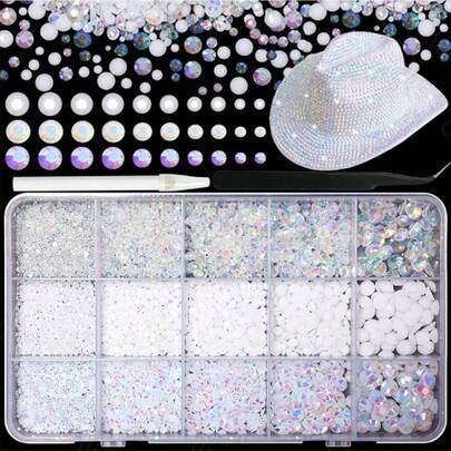 15-Grid White Resin Flat-Back Rhinestone Handmade Craft Supplies, Suitable For DIY Decorating Mugs, Sports Water Bottles, Glass Jars, Also Can Be Used To Embellish Clothing, Shoes, Bags And Creative Ornaments, Meeting Various Handmade Modification And Toy Making Needs