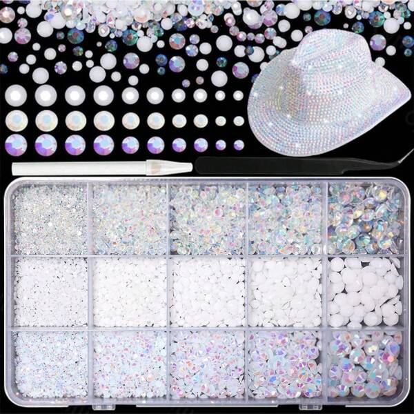 15-Grid White Resin Flat-Back Rhinestone Handmade Craft Supplies, Suitable For DIY Decorating Mugs, Sports Water Bottles, Glass Jars, Also Can Be Used To Embellish Clothing, Shoes, Bags And Creative Ornaments, Meeting Various Handmade Modification And Toy Making Needs