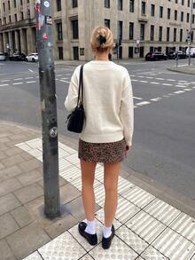 Slouchy Oversized Knitted Jumper With 3D Heart Design, Women's Chic Crew Neck Drop Shoulder Long Sleeve Ribbed Pullover For Back To School Aesthetic - Apricot - View 7